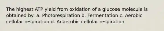 The highest ATP yield from oxidation of a glucose molecule is obtained by: a. Photorespiration b. Fermentation c. Aerobic <a href='https://www.questionai.com/knowledge/k1IqNYBAJw-cellular-respiration' class='anchor-knowledge'>cellular respiration</a> d. Anaerobic cellular respiration