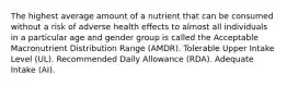 The highest average amount of a nutrient that can be consumed without a risk of adverse health effects to almost all individuals in a particular age and gender group is called the Acceptable Macronutrient Distribution Range (AMDR). Tolerable Upper Intake Level (UL). Recommended Daily Allowance (RDA). Adequate Intake (AI).