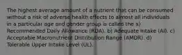 The highest average amount of a nutrient that can be consumed without a risk of adverse health effects to almost all individuals in a particular age and gender group is called the a) Recommended Daily Allowance (RDA). b) Adequate Intake (AI). c) Acceptable Macronutrient Distribution Range (AMDR). d) Tolerable Upper Intake Level (UL).