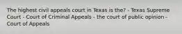 The highest civil appeals court in Texas is the? - Texas Supreme Court - Court of Criminal Appeals - the court of public opinion - Court of Appeals