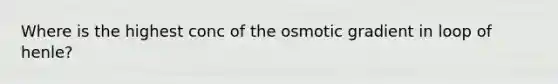 Where is the highest conc of the osmotic gradient in loop of henle?