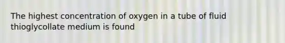 The highest concentration of oxygen in a tube of fluid thioglycollate medium is found