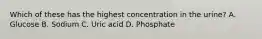 Which of these has the highest concentration in the urine? A. Glucose B. Sodium C. Uric acid D. Phosphate