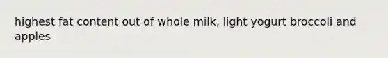 highest fat content out of whole milk, light yogurt broccoli and apples