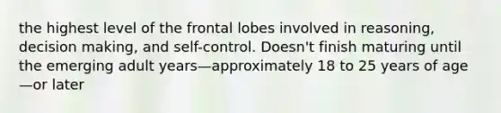 the highest level of the frontal lobes involved in reasoning, decision making, and self-control. Doesn't finish maturing until the emerging adult years—approximately 18 to 25 years of age—or later