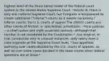 highest level of the three-tiered model of the federal court system is the United States Supreme Court. *Article III: there is only one national Supreme Court, but Congress is empowered to create additional ("inferior") courts as it deems necessary.* inferior courts: the U.S. courts of appeal The district courts any other courts of limited, or specialized, jurisdiction. -*nine justices—a chief justice and eight associate justices—although that number is not mandated by the Constitution.* -has original, or trial, jurisdiction only in unusual instances -only rarely does a case originate at the Supreme Court level. *-has appellate authority over cases decided by the U.S. courts of appeals, as well as over some cases decided in the state courts when federal questions are at issue.*