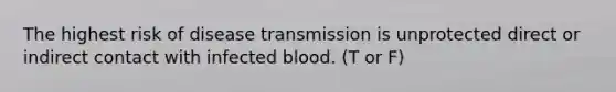 The highest risk of disease transmission is unprotected direct or indirect contact with infected blood. (T or F)