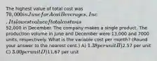 The highest value of total cost was 70,000 in June for Acai Beverages, Inc. Its lowest value of total cost was52,000 in December. The company makes a single product. The production volume in June and December were 13,000 and 7000 units, respectively. What is the variable cost per month? (Round your answer to the nearest cent.) A) 1.38 per unit B)2.57 per unit C) 3.00 per unit D)11.67 per unit