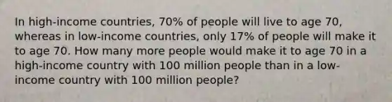 In high-income countries, 70% of people will live to age 70, whereas in low-income countries, only 17% of people will make it to age 70. How many more people would make it to age 70 in a high-income country with 100 million people than in a low-income country with 100 million people?