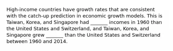 High-income countries have growth rates that are consistent with the catch-up prediction in economic growth models. This is Taiwan, Korea, and Singapore had _______ incomes in 1960 than the United States and Switzerland, and Taiwan, Korea, and Singapore grew _______ than the United States and Switzerland between 1960 and 2014.