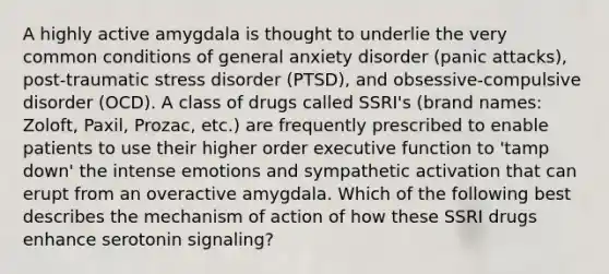 A highly active amygdala is thought to underlie the very common conditions of general anxiety disorder (panic attacks), post-traumatic stress disorder (PTSD), and obsessive-compulsive disorder (OCD). A class of drugs called SSRI's (brand names: Zoloft, Paxil, Prozac, etc.) are frequently prescribed to enable patients to use their higher order executive function to 'tamp down' the intense emotions and sympathetic activation that can erupt from an overactive amygdala. Which of the following best describes the mechanism of action of how these SSRI drugs enhance serotonin signaling?