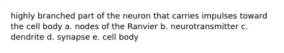 highly branched part of the neuron that carries impulses toward the cell body a. nodes of the Ranvier b. neurotransmitter c. dendrite d. synapse e. cell body