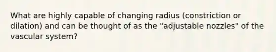 What are highly capable of changing radius (constriction or dilation) and can be thought of as the "adjustable nozzles" of the vascular system?