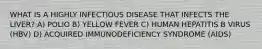 WHAT IS A HIGHLY INFECTIOUS DISEASE THAT INFECTS THE LIVER? A) POLIO B) YELLOW FEVER C) HUMAN HEPATITIS B VIRUS (HBV) D) ACQUIRED IMMUNODEFICIENCY SYNDROME (AIDS)
