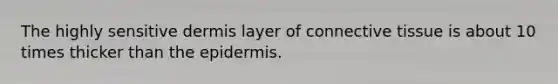 The highly sensitive dermis layer of connective tissue is about 10 times thicker than the epidermis.