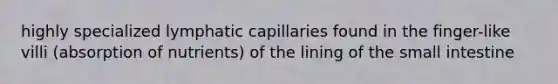 highly specialized lymphatic capillaries found in the finger-like villi (absorption of nutrients) of the lining of the small intestine