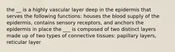 the __ is a highly vascular layer deep in the epidermis that serves the following functions: houses the blood supply of the epidermis, contains sensory receptors, and anchors the epidermis in place the ___ is composed of two distinct layers made up of two types of connective tissues: papillary layers, reticular layer