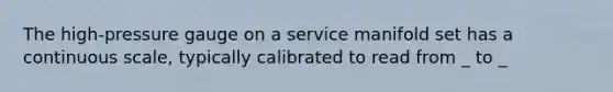 The high-pressure gauge on a service manifold set has a continuous scale, typically calibrated to read from _ to _