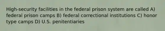 High-security facilities in the federal prison system are called A) federal prison camps B) federal correctional institutions C) honor type camps D) U.S. penitentiaries