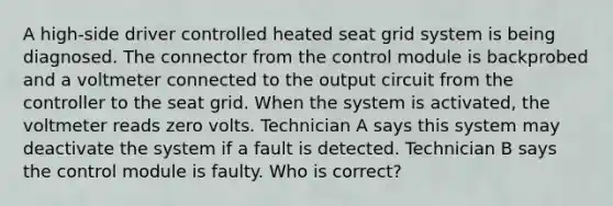 A high-side driver controlled heated seat grid system is being diagnosed. The connector from the control module is backprobed and a voltmeter connected to the output circuit from the controller to the seat grid. When the system is activated, the voltmeter reads zero volts. Technician A says this system may deactivate the system if a fault is detected. Technician B says the control module is faulty. Who is correct?