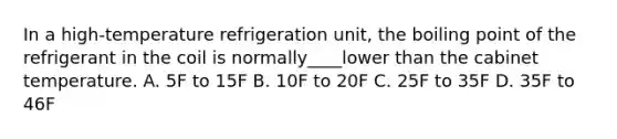 In a high-temperature refrigeration unit, the boiling point of the refrigerant in the coil is normally____lower than the cabinet temperature. A. 5F to 15F B. 10F to 20F C. 25F to 35F D. 35F to 46F