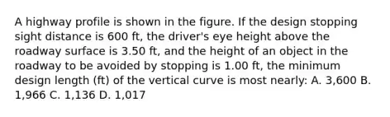 A highway profile is shown in the figure. If the design stopping sight distance is 600 ft, the driver's eye height above the roadway surface is 3.50 ft, and the height of an object in the roadway to be avoided by stopping is 1.00 ft, the minimum design length (ft) of the vertical curve is most nearly: A. 3,600 B. 1,966 C. 1,136 D. 1,017