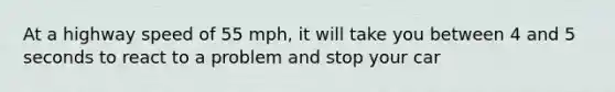 At a highway speed of 55 mph, it will take you between 4 and 5 seconds to react to a problem and stop your car