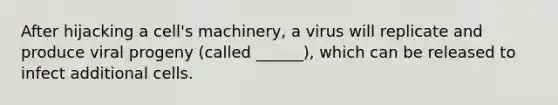 After hijacking a cell's machinery, a virus will replicate and produce viral progeny (called ______), which can be released to infect additional cells.