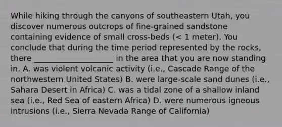 While hiking through the canyons of southeastern Utah, you discover numerous outcrops of fine-grained sandstone containing evidence of small cross-beds (< 1 meter). You conclude that during the time period represented by the rocks, there ____________________ in the area that you are now standing in. A. was violent volcanic activity (i.e., Cascade Range of the northwestern United States) B. were large-scale sand dunes (i.e., Sahara Desert in Africa) C. was a tidal zone of a shallow inland sea (i.e., Red Sea of eastern Africa) D. were numerous igneous intrusions (i.e., Sierra Nevada Range of California)