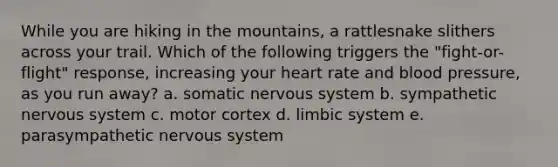 While you are hiking in the mountains, a rattlesnake slithers across your trail. Which of the following triggers the "fight-or-flight" response, increasing your heart rate and blood pressure, as you run away? a. somatic nervous system b. sympathetic nervous system c. motor cortex d. limbic system e. parasympathetic nervous system