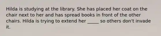 Hilda is studying at the library. She has placed her coat on the chair next to her and has spread books in front of the other chairs. Hilda is trying to extend her _____ so others don't invade it.