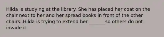 Hilda is studying at the library. She has placed her coat on the chair next to her and her spread books in front of the other chairs. Hilda is trying to extend her _______so others do not invade it