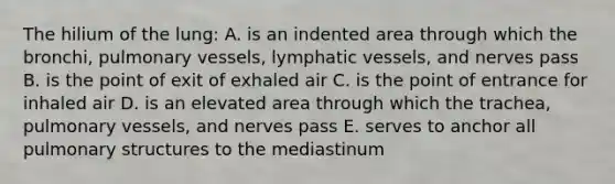 The hilium of the lung: A. is an indented area through which the bronchi, pulmonary vessels, lymphatic vessels, and nerves pass B. is the point of exit of exhaled air C. is the point of entrance for inhaled air D. is an elevated area through which the trachea, pulmonary vessels, and nerves pass E. serves to anchor all pulmonary structures to the mediastinum