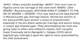 -WHO?: Hillary and Julie Goodridge -WHAT?: First court case to legalize same sex marriage at the state level -WHEN?: 2003 -WHERE?: Massachussetts -WHY/HOW DOES IT CONNECT TO THE HIS OF WOMEN + GENDER?: This case stood as the lead plaintiff in Massachusetts gay marriage lawsuit. Having two women as the lead plaintiffs gave women a sense of empowerment especially in the era where same-sex marriage and women being in control was frowned upon. They were breaking the norm and giving hope to others who wished to express their sexuality freely. Eventually led to Obergefell v. Hodges (2015) which legalized gay marriage & gave the right to marry guaranteed by the 14th amendment