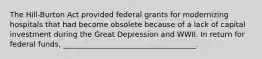 The Hill-Burton Act provided federal grants for modernizing hospitals that had become obsolete because of a lack of capital investment during the Great Depression and WWII. In return for federal funds, ____________________________________.