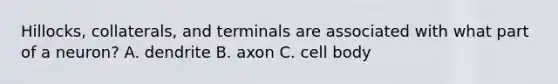 Hillocks, collaterals, and terminals are associated with what part of a neuron? A. dendrite B. axon C. cell body