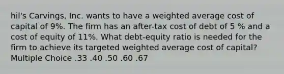 hil's Carvings, Inc. wants to have a <a href='https://www.questionai.com/knowledge/koL1NUNNcJ-weighted-average' class='anchor-knowledge'>weighted average</a> cost of capital of 9%. The firm has an after-tax cost of debt of 5 % and a cost of equity of 11%. What debt-equity ratio is needed for the firm to achieve its targeted weighted average cost of capital? Multiple Choice .33 .40 .50 .60 .67