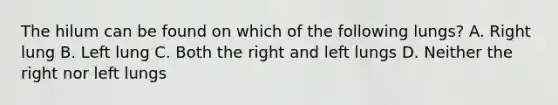 The hilum can be found on which of the following lungs? A. Right lung B. Left lung C. Both the right and left lungs D. Neither the right nor left lungs