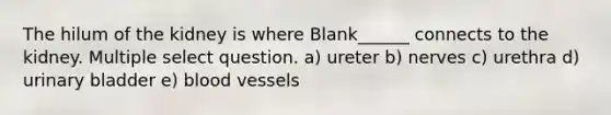 The hilum of the kidney is where Blank______ connects to the kidney. Multiple select question. a) ureter b) nerves c) urethra d) urinary bladder e) blood vessels