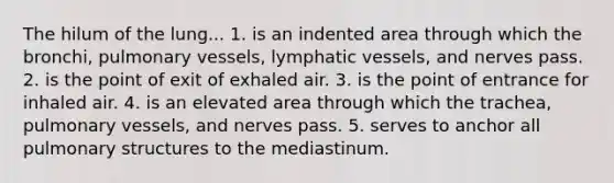 The hilum of the lung... 1. is an indented area through which the bronchi, pulmonary vessels, lymphatic vessels, and nerves pass. 2. is the point of exit of exhaled air. 3. is the point of entrance for inhaled air. 4. is an elevated area through which the trachea, pulmonary vessels, and nerves pass. 5. serves to anchor all pulmonary structures to the mediastinum.