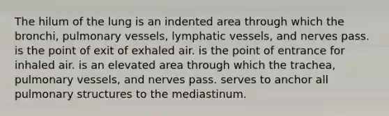 The hilum of the lung is an indented area through which the bronchi, pulmonary vessels, <a href='https://www.questionai.com/knowledge/ki6sUebkzn-lymphatic-vessels' class='anchor-knowledge'>lymphatic vessels</a>, and nerves pass. is the point of exit of exhaled air. is the point of entrance for inhaled air. is an elevated area through which the trachea, pulmonary vessels, and nerves pass. serves to anchor all pulmonary structures to the mediastinum.