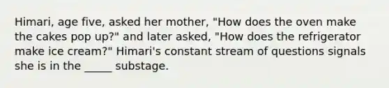 Himari, age five, asked her mother, "How does the oven make the cakes pop up?" and later asked, "How does the refrigerator make ice cream?" Himari's constant stream of questions signals she is in the _____ substage.