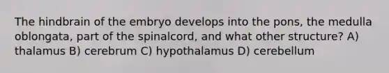 The hindbrain of the embryo develops into the pons, the medulla oblongata, part of the spinalcord, and what other structure? A) thalamus B) cerebrum C) hypothalamus D) cerebellum