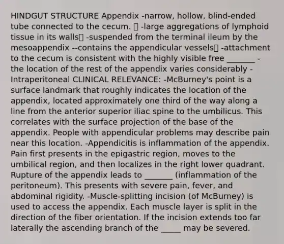 HINDGUT STRUCTURE Appendix -narrow, hollow, blind-ended tube connected to the cecum.  -large aggregations of lymphoid tissue in its walls -suspended from the terminal ileum by the mesoappendix --contains the appendicular vessels -attachment to the cecum is consistent with the highly visible free _______ -the location of the rest of the appendix varies considerably -Intraperitoneal CLINICAL RELEVANCE: -McBurney's point is a surface landmark that roughly indicates the location of the appendix, located approximately one third of the way along a line from the anterior superior iliac spine to the umbilicus. This correlates with the surface projection of the base of the appendix. People with appendicular problems may describe pain near this location. -Appendicitis is inflammation of the appendix. Pain first presents in the epigastric region, moves to the umbilical region, and then localizes in the right lower quadrant. Rupture of the appendix leads to _______ (inflammation of the peritoneum). This presents with severe pain, fever, and abdominal rigidity. -Muscle-splitting incision (of McBurney) is used to access the appendix. Each muscle layer is split in the direction of the fiber orientation. If the incision extends too far laterally the ascending branch of the _____ may be severed.