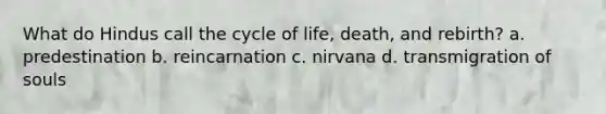 What do Hindus call the cycle of life, death, and rebirth? a. predestination b. reincarnation c. nirvana d. transmigration of souls