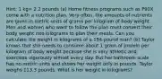 Hint: 1 kg= 2.2 pounds (a) Home fitness programs such as P90X come with a nutrition plan. Very often, the amounts of nutrients are given in metric units of grams per kilogram of body weight. Men and women who want to follow the plan must convert their body weight into kilograms to plan their meals. Can you calculate the weight in kilograms of a 184-pound man? (b) Taylor knows that she needs to consume about 1 gram of protein per kilogram of body weight because she is very athletic and exercises vigorously almost every day. But her bathroom scale has no metric units and shows her weight only in pounds. Taylor weighs 113.3 pounds. What is her weight in kilograms?