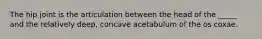 The hip joint is the articulation between the head of the _____ and the relatively deep, concave acetabulum of the os coxae.