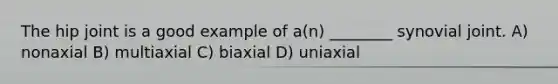 The hip joint is a good example of a(n) ________ synovial joint. A) nonaxial B) multiaxial C) biaxial D) uniaxial