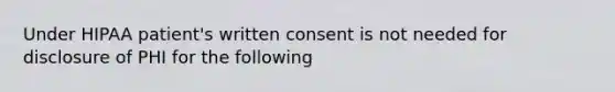 Under HIPAA patient's written consent is not needed for disclosure of PHI for the following