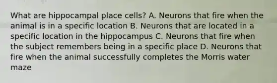 What are hippocampal place cells? A. Neurons that fire when the animal is in a specific location B. Neurons that are located in a specific location in the hippocampus C. Neurons that fire when the subject remembers being in a specific place D. Neurons that fire when the animal successfully completes the Morris water maze